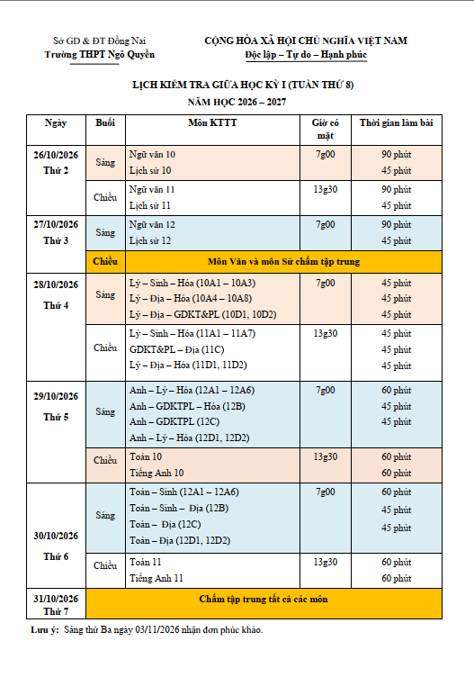 LỊCH THI GIỮA KỲ I NĂM HỌC 2026-2027
