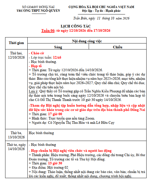 KẾ HOẠCH TUẦN 06 NH 2026-2027