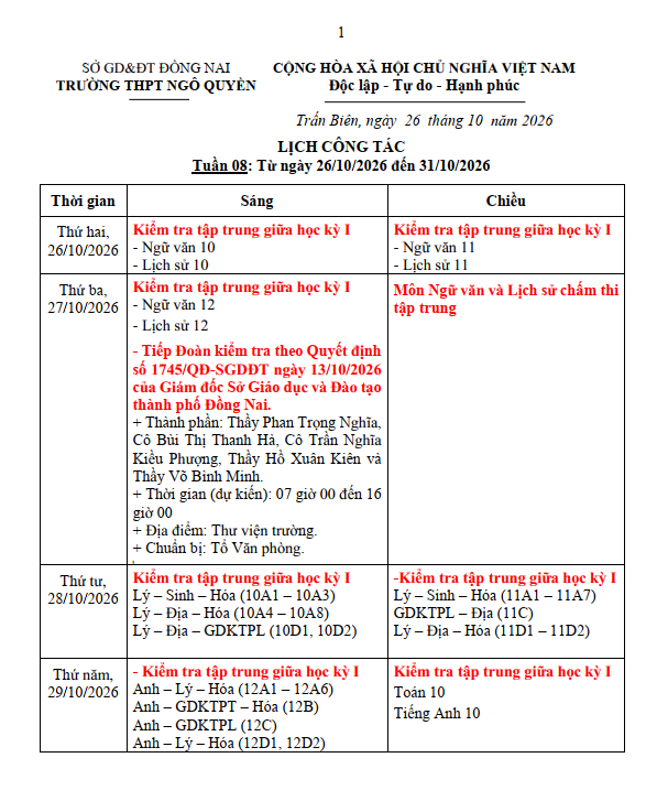 KẾ HOẠCH TUẦN 8 NĂM HỌC 2026-2027