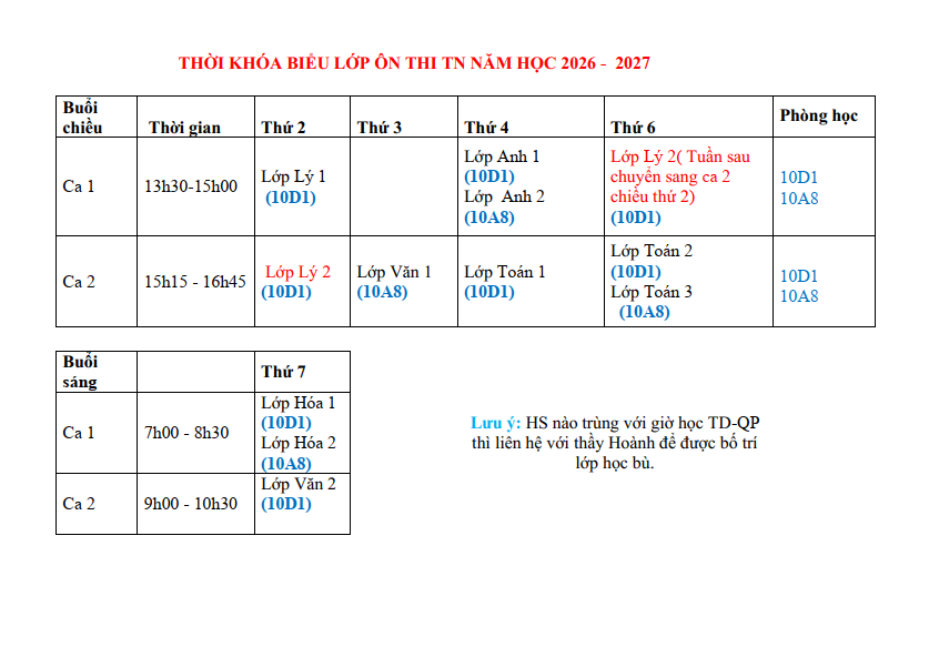 THỜI KHÓA BIỂU ÔN THI TỐT NGHIỆP 12