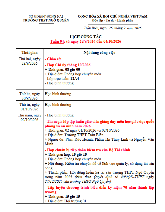 KẾ HOẠCH TUẦN 4 TỬ 28/09/2026 ĐẾN 04/10/2026